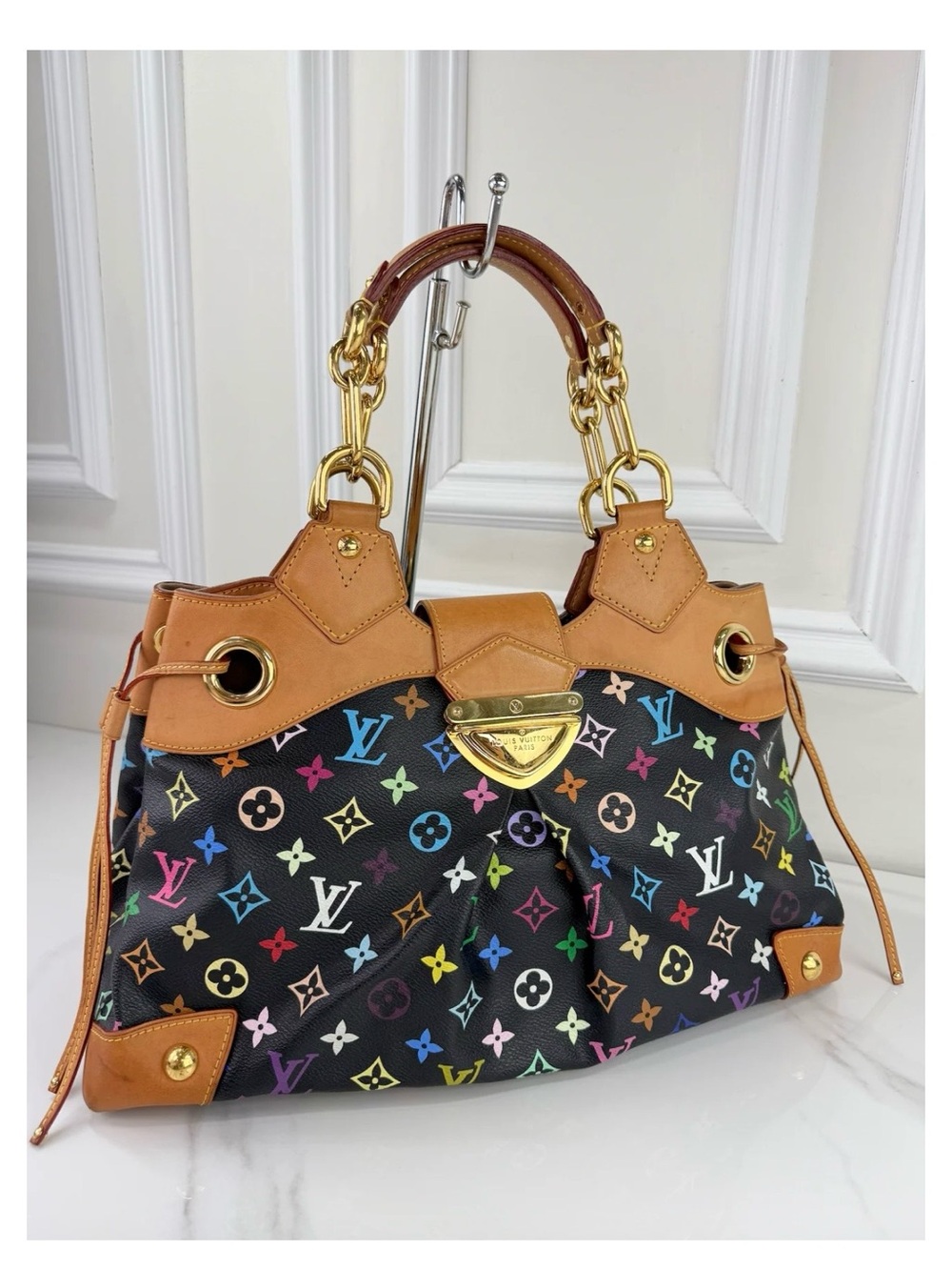 Louis Vuitton Murakami Black Canvas and Tan Leather Handbag